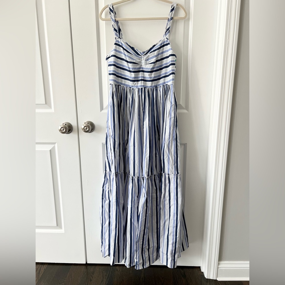 J. Crew Shirting Stripe Tiered Maxi Dress Multi Blue | 100% Cotton | Size 10 - Picture 2 of 6